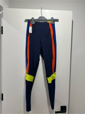 Martine Rose Navy Leggings with Orange Stripes and Neon Yellow Panels